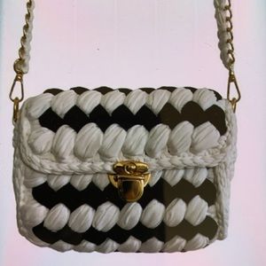 Black and White Chevron Crossbody Bag with Gold Accents
